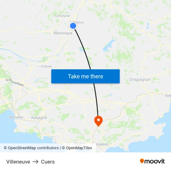 Villeneuve to Cuers map