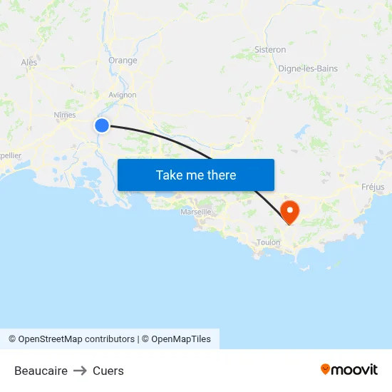 Beaucaire to Cuers map