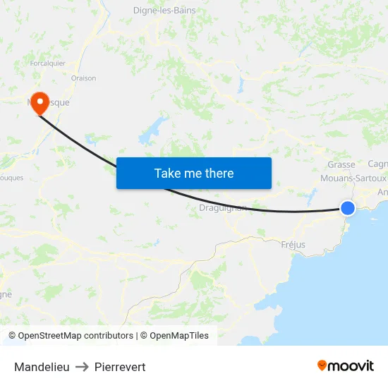 Mandelieu to Pierrevert map