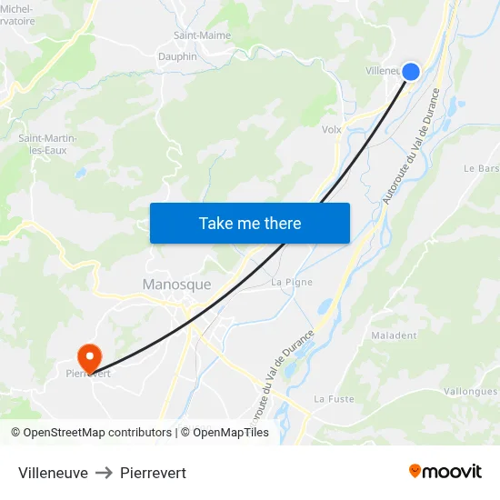 Villeneuve to Pierrevert map