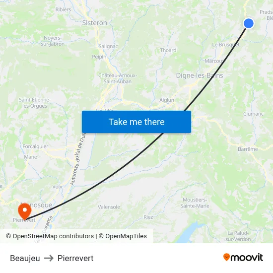 Beaujeu to Pierrevert map