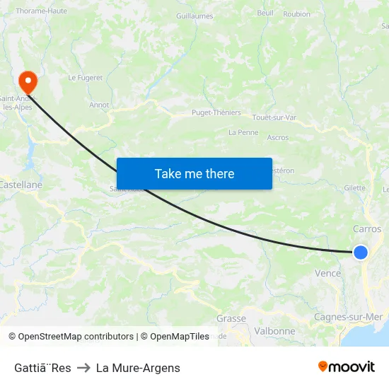 Gattiã¨Res to La Mure-Argens map
