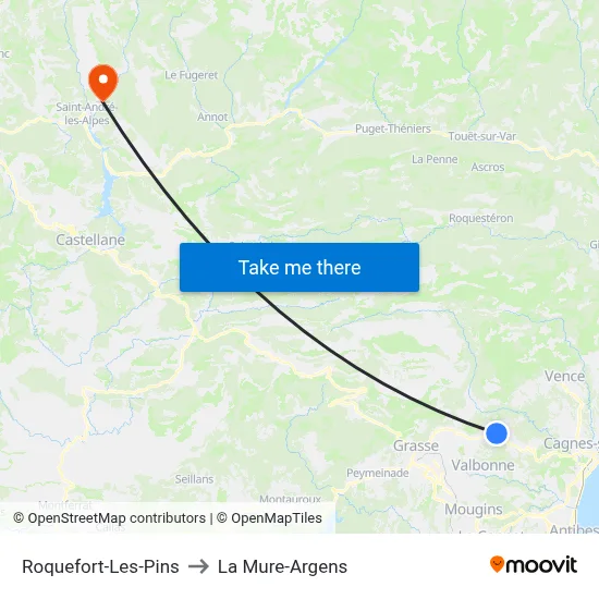 Roquefort-Les-Pins to La Mure-Argens map