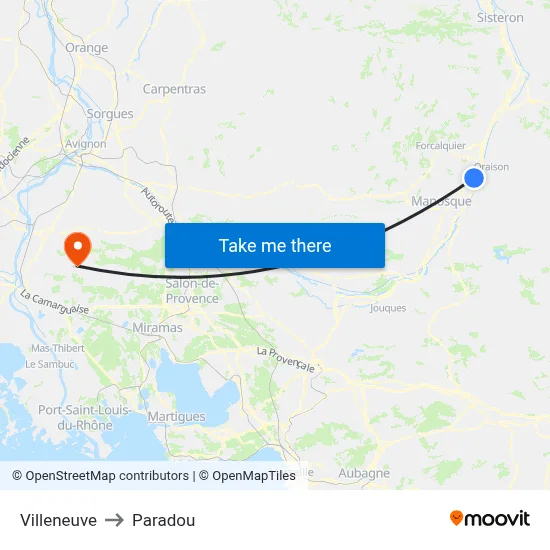 Villeneuve to Paradou map
