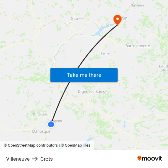 Villeneuve to Crots map
