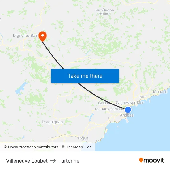 Villeneuve-Loubet to Tartonne map