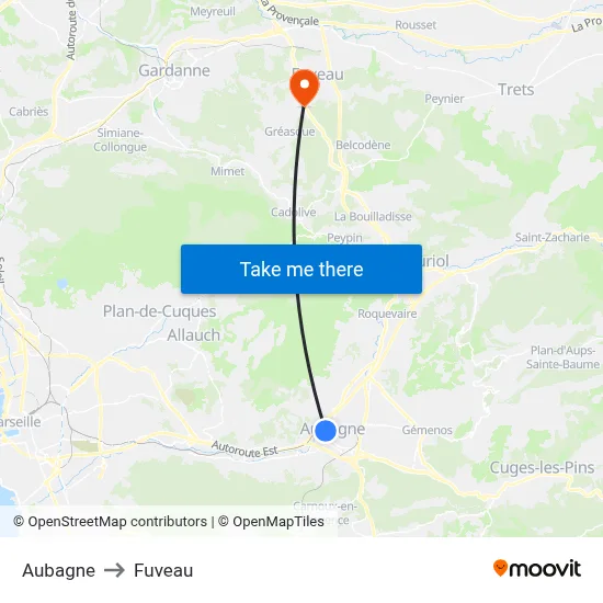 Aubagne to Fuveau map