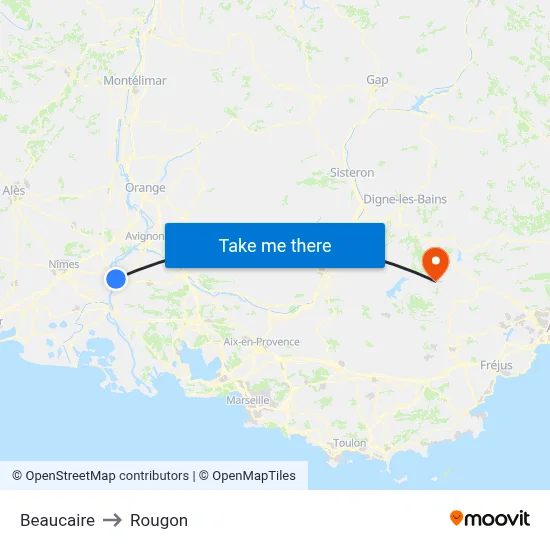 Beaucaire to Rougon map