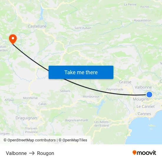 Valbonne to Rougon map