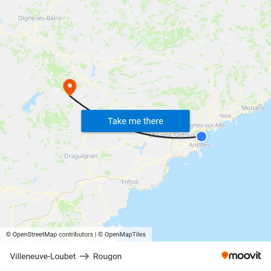 Villeneuve-Loubet to Rougon map