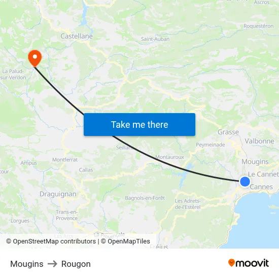 Mougins to Rougon map