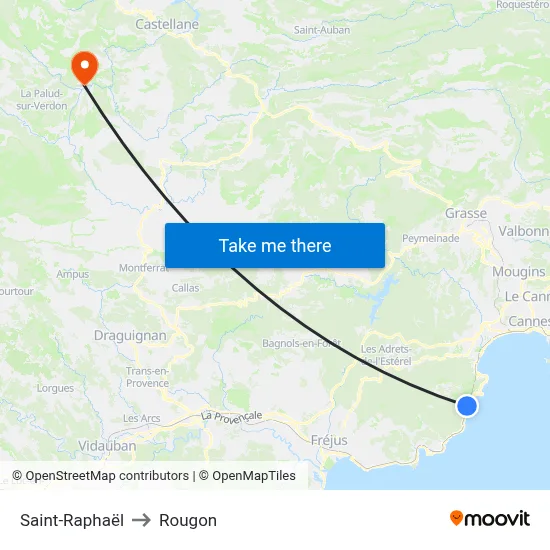 Saint-Raphaël to Rougon map