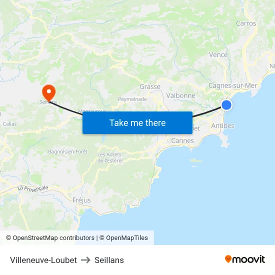 Villeneuve-Loubet to Seillans map