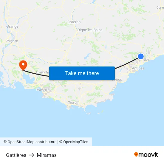 Gattières to Miramas map