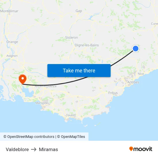 Valdeblore to Miramas map