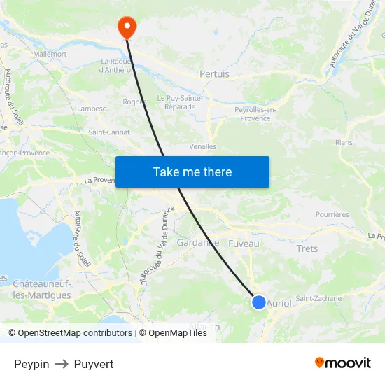 Peypin to Puyvert map