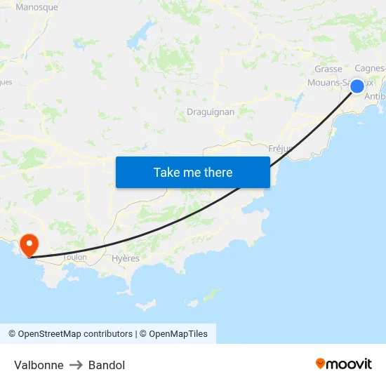 Valbonne to Bandol map