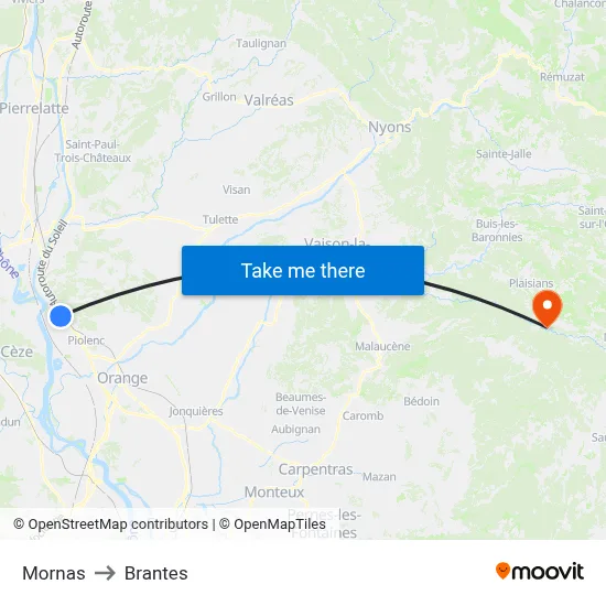 Mornas to Brantes map
