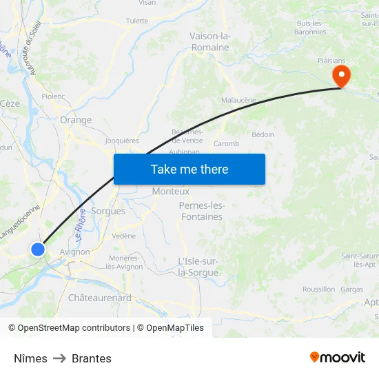 Nîmes to Brantes map