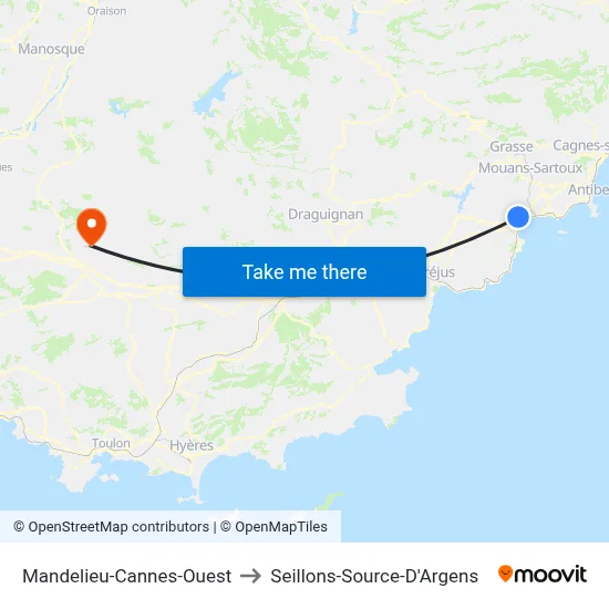 Mandelieu-Cannes-Ouest to Seillons-Source-D'Argens map