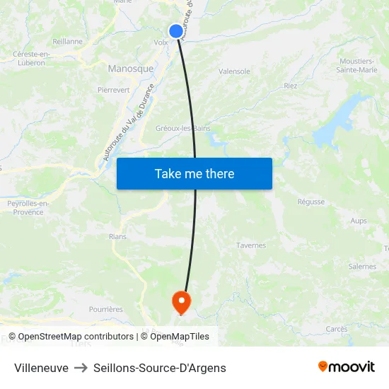 Villeneuve to Seillons-Source-D'Argens map