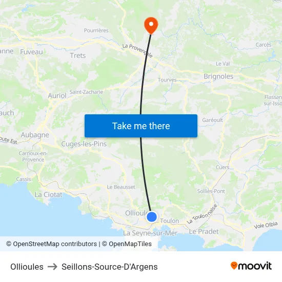 Ollioules to Seillons-Source-D'Argens map