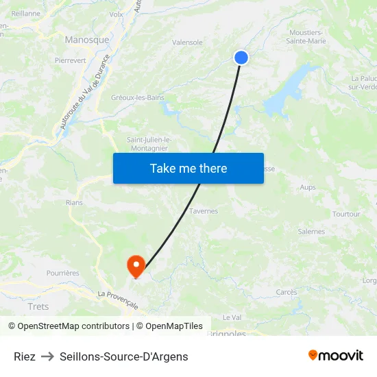 Riez to Seillons-Source-D'Argens map