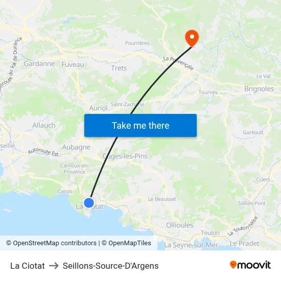 La Ciotat to Seillons-Source-D'Argens map