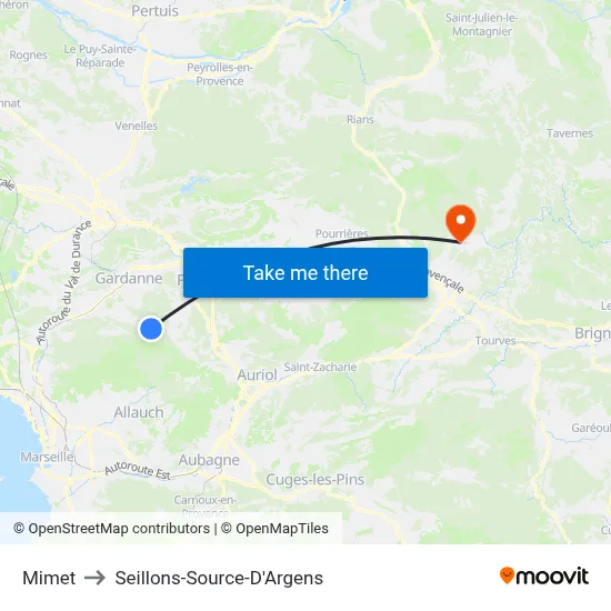 Mimet to Seillons-Source-D'Argens map