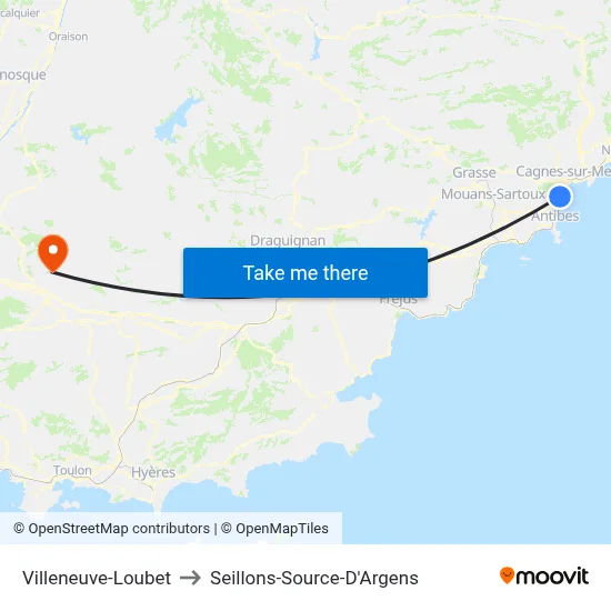 Villeneuve-Loubet to Seillons-Source-D'Argens map