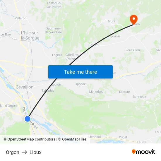 Orgon to Lioux map