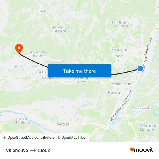 Villeneuve to Lioux map
