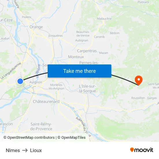 Nîmes to Lioux map