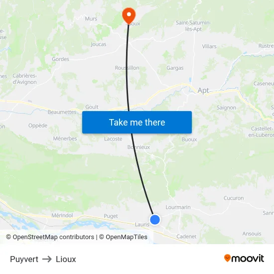 Puyvert to Lioux map