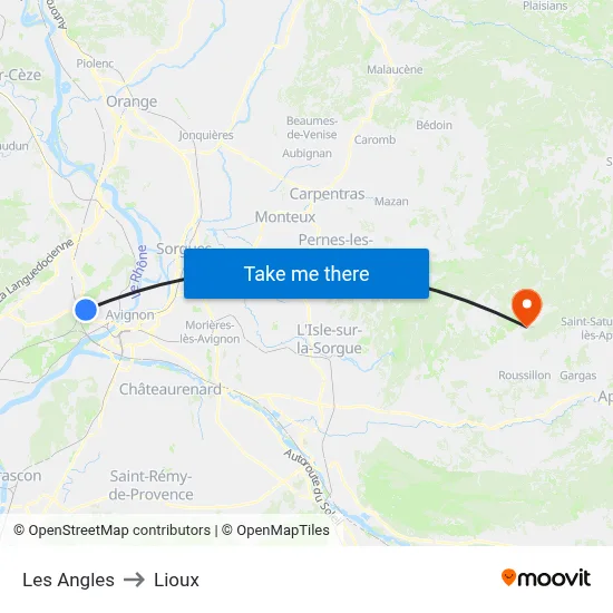 Les Angles to Lioux map