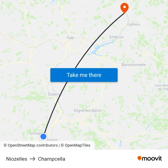 Niozelles to Champcella map