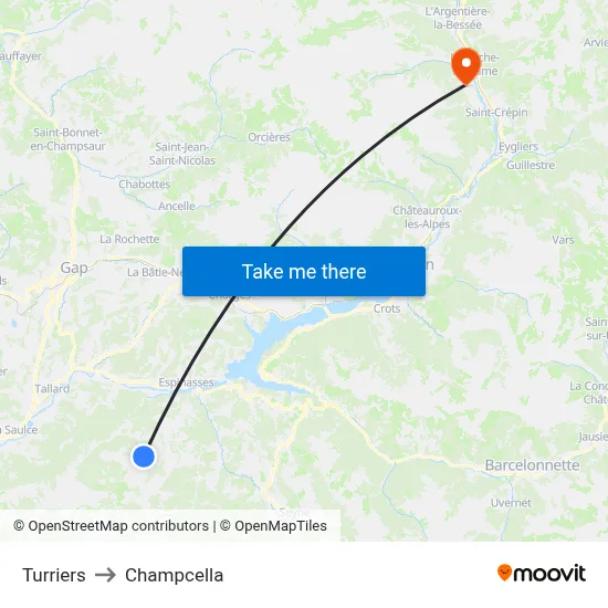 Turriers to Champcella map
