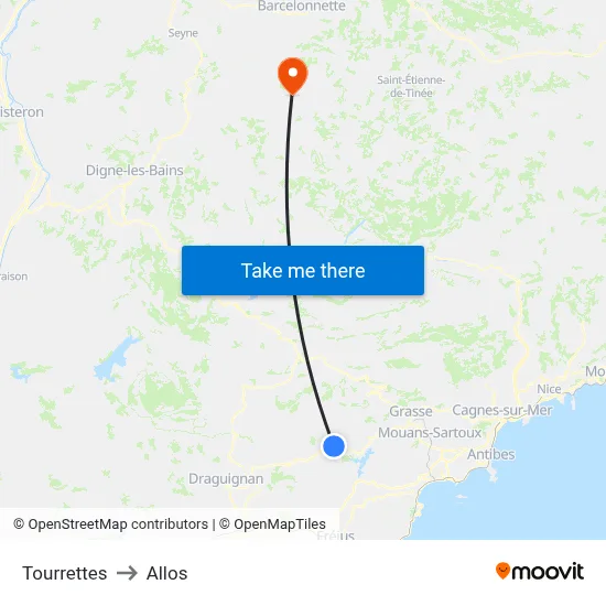 Tourrettes to Allos map
