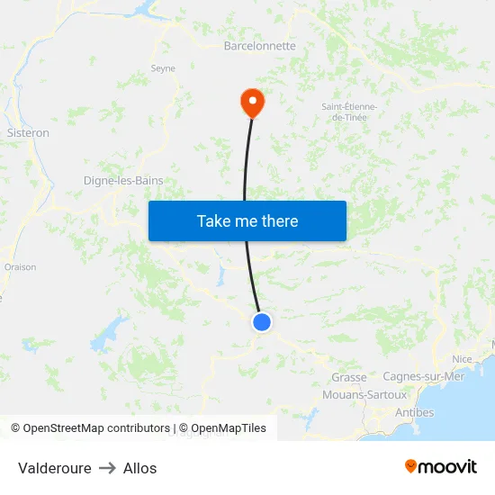 Valderoure to Allos map