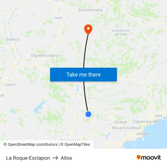 La Roque-Esclapon to Allos map
