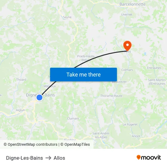 Digne-Les-Bains to Allos map