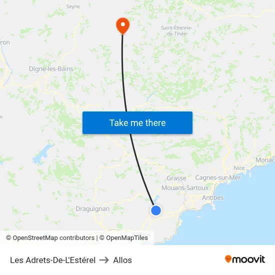 Les Adrets-De-L'Estérel to Allos map