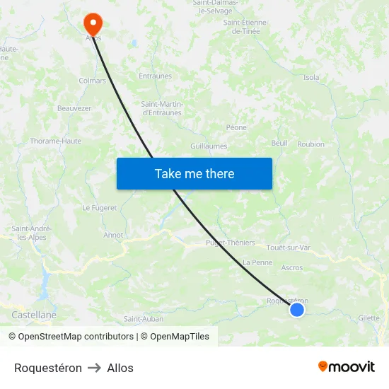 Roquestéron to Allos map