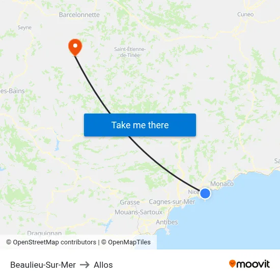Beaulieu-Sur-Mer to Allos map