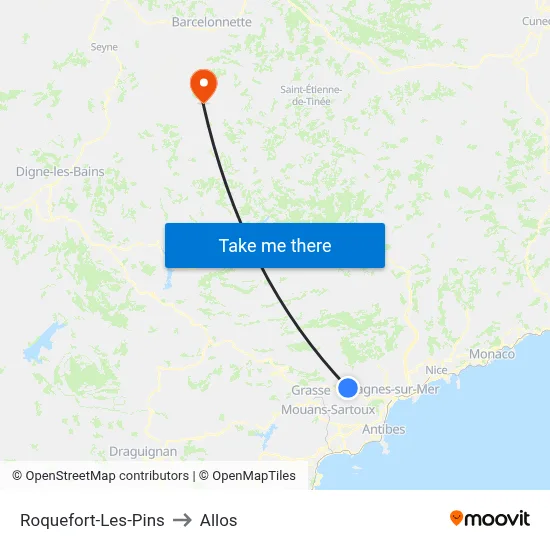 Roquefort-Les-Pins to Allos map