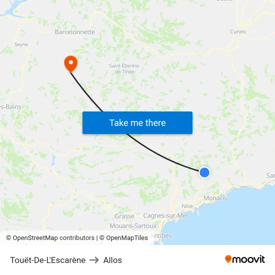 Touët-De-L'Escarène to Allos map