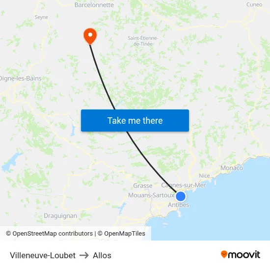 Villeneuve-Loubet to Allos map