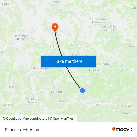 Sausses to Allos map