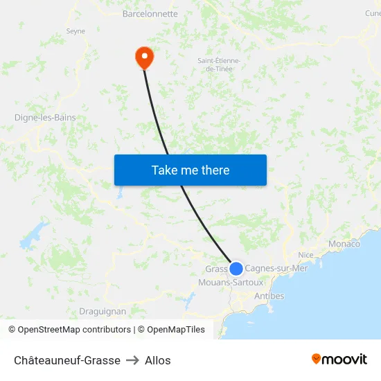 Châteauneuf-Grasse to Allos map