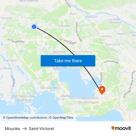 Mouriès to Saint-Victoret map
